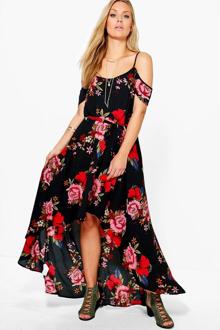Boohoo Plus Lana Floral Open Shoulder Maxi Dress Black