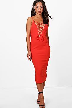 Boohoo Heidi Strappy Lace Up Detail Midi Dress