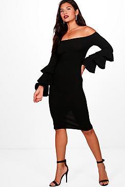 Boohoo Holly Off Shoulder Frill Hem Bodycon Dress
