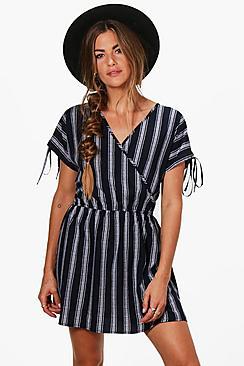 Boohoo Shannon Stripe Wrap Tie Skater Dress