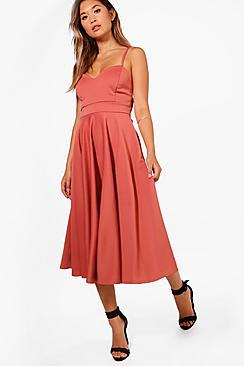 Boohoo Scuba Tie Waist Midi Skater Dress