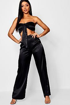 Boohoo Tie Front Crop Top + Wide Leg Trouser Satin Co-ord