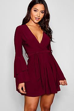 Boohoo Plunge Neck Flared Sleeve Skater Dress