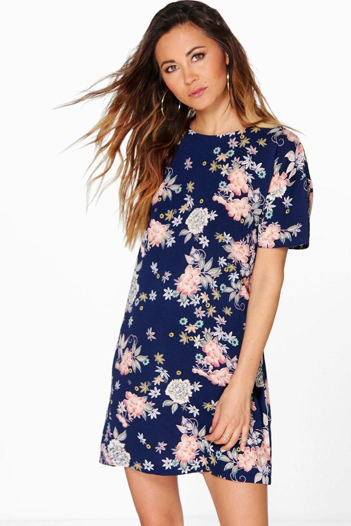 Boohoo Theadora Oriental Floral Cap Sleeve Shift Dress Navy