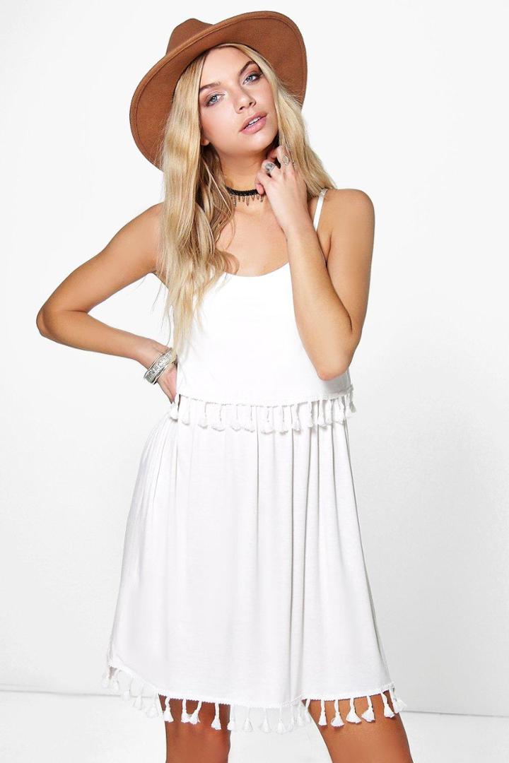 Boohoo Harmony Double Layer Tassel Shift Dress Cream