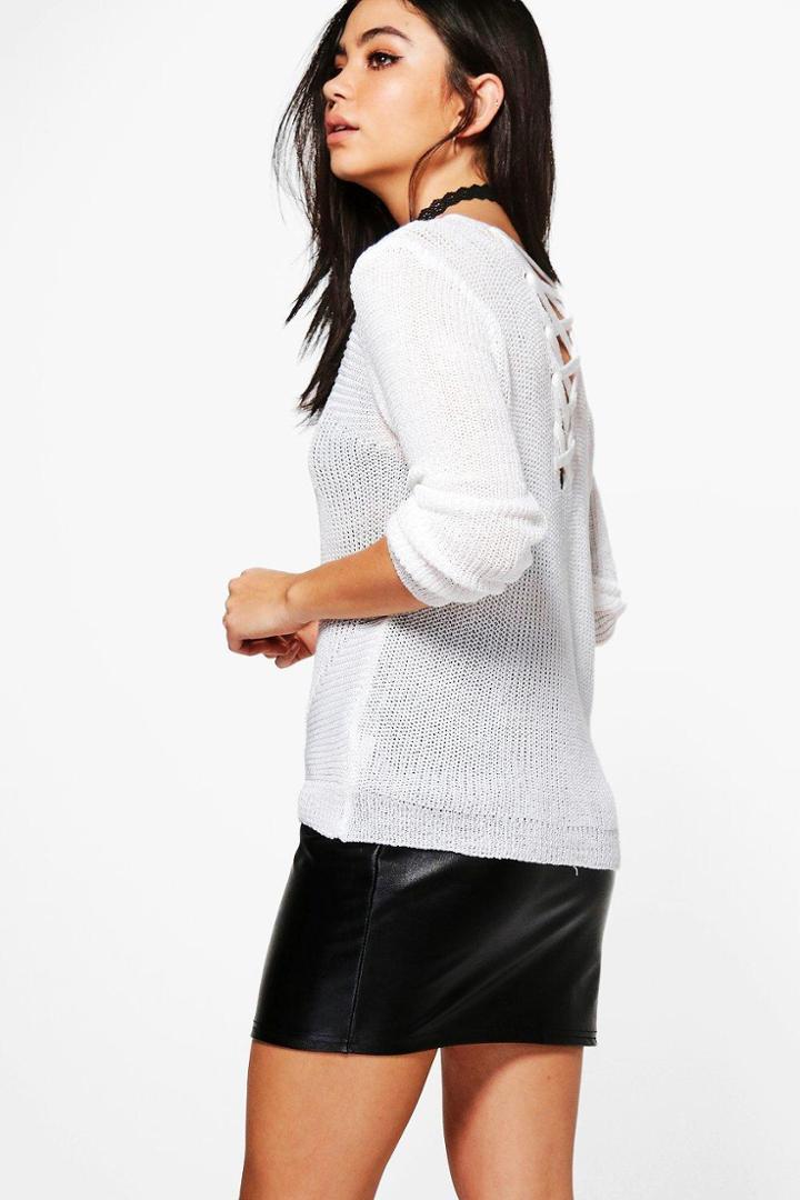 Boohoo Lexi Lace Up Back Jumper Cream