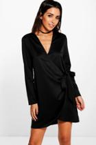 Boohoo Betheny Satin Tie Side Shirt Dress Black
