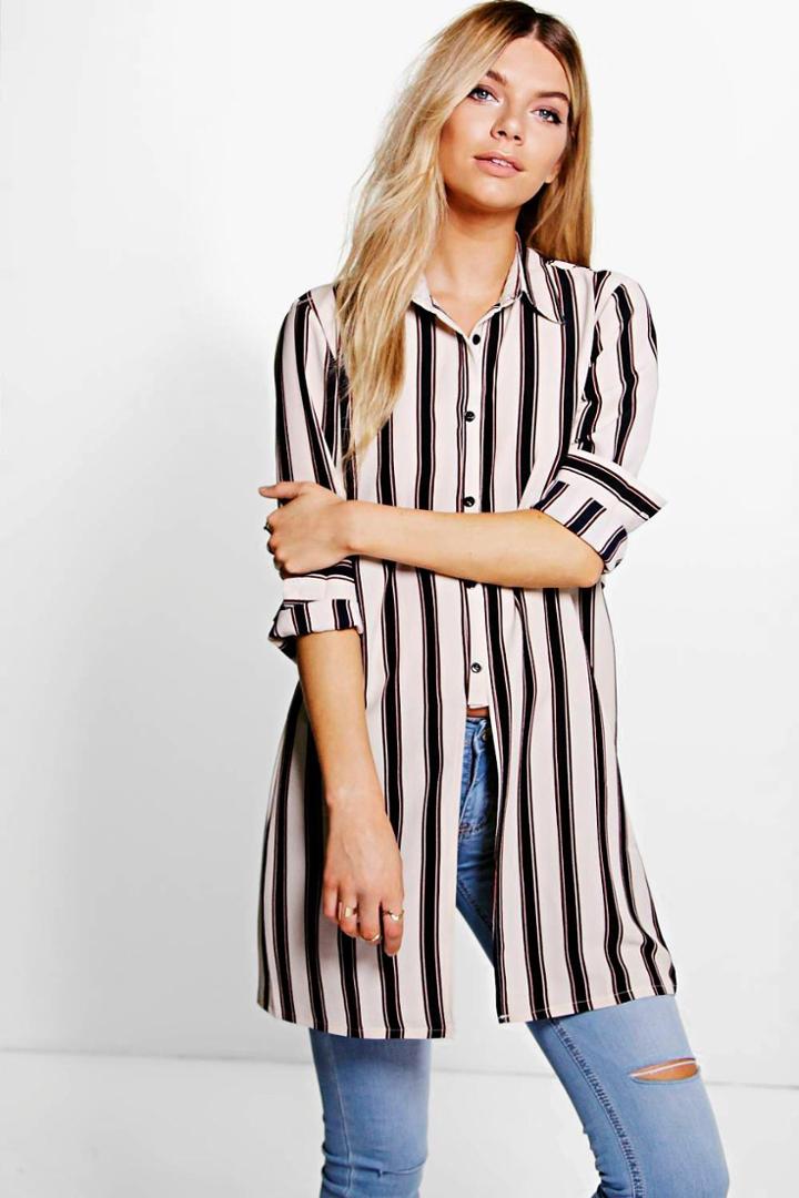 Boohoo Evie Striped Open Back Longline Shirt Cream