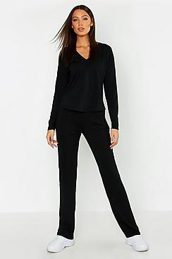Boohoo Tall Soft Rib Wide Leg Trousers