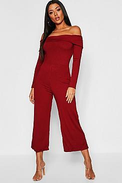 Boohoo Basic Jumbo Rib Bardot Culotte Jumpsuit