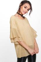 Boohoo Lucy Pleated Metallic Frill Sleeve Top Gold