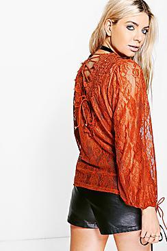 Boohoo Boutique Ava All Over Lace Tie Back Top