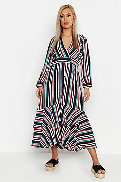 Boohoo Plus Stripe Ruffle Hem Button Up Maxi Dress
