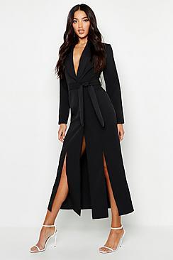 Boohoo Woven Belted Split Detail Maxi Blazer Dress