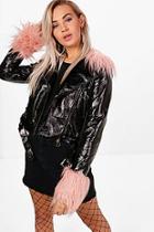 Boohoo Leanne Patent Pu Faux Fur Collar & Cuff Biker Jacket