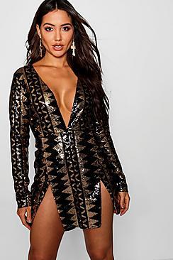 Boohoo Sequin Aztec Split Detail Bodycon Dress