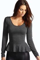 Boohoo Aliya Long Sleeve Viscose Peplum Top Charcoal