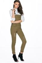 Boohoo Tall Aria Long Distressed Denim Dungaree Khaki