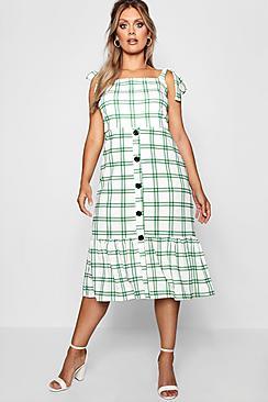 Boohoo Plus Jill Woven Check Button Midi Dress