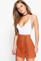 Boohoo Petite Lucia Lace Up Detail Suedette Mini Skirt Spice