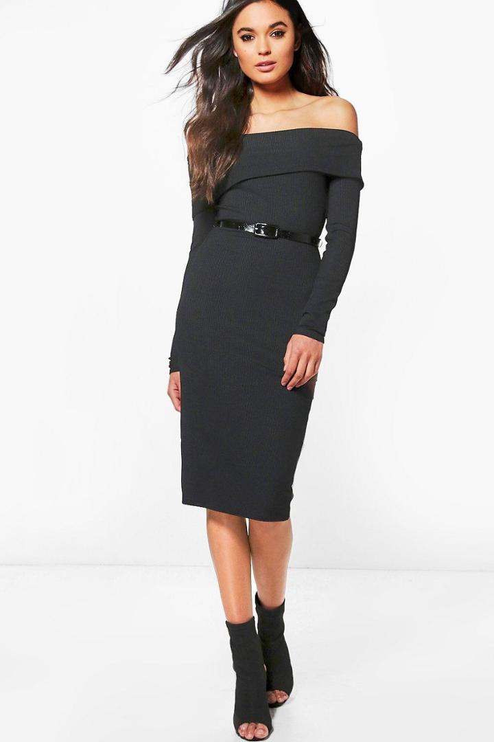 Boohoo Cora Ribbed Off Shoulder Belted Midi Dress Black