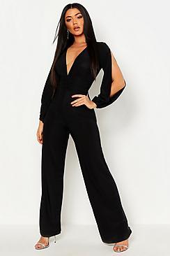Boohoo Plunge Ruched Wide Leg Jumpsuit