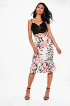 Boohoo Zadie Tropical Floral Drop Hem Midi Skirt