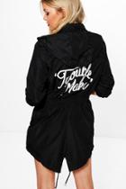 Boohoo Bella Hooded Fishtail Parka With Trouble Maker Print Black