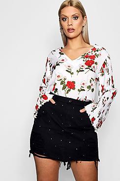 Boohoo Plus May Heavy Rip Gem Stone Denim Skirt