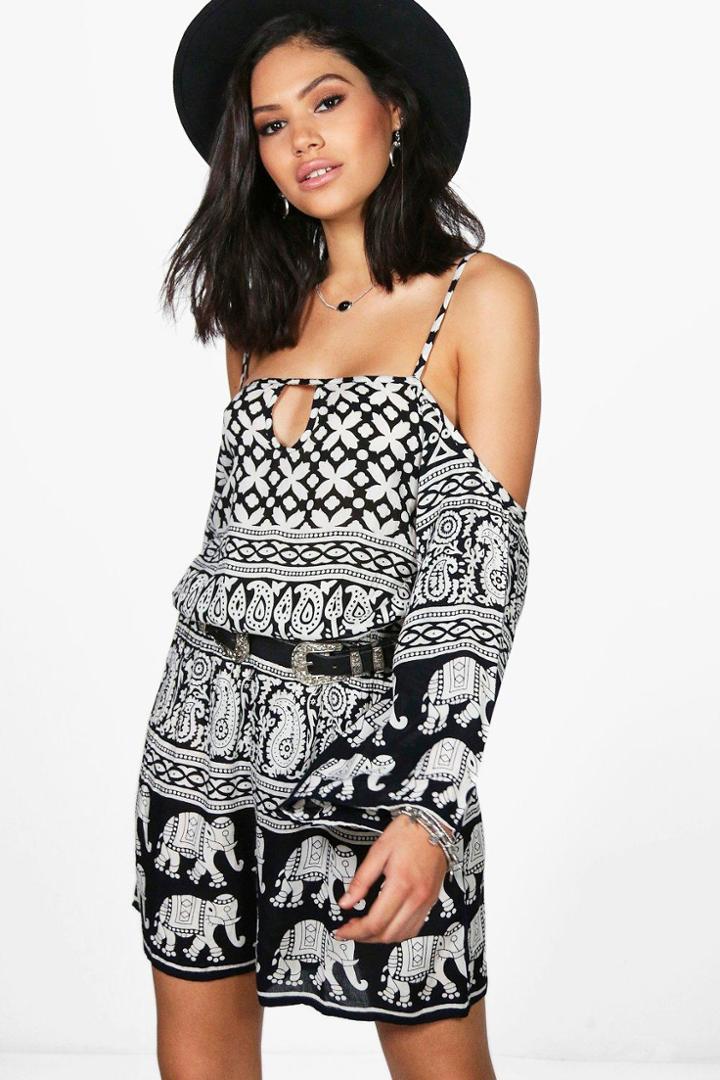 Boohoo Sophie Elephant Print Cold Shoulder Playsuit Black
