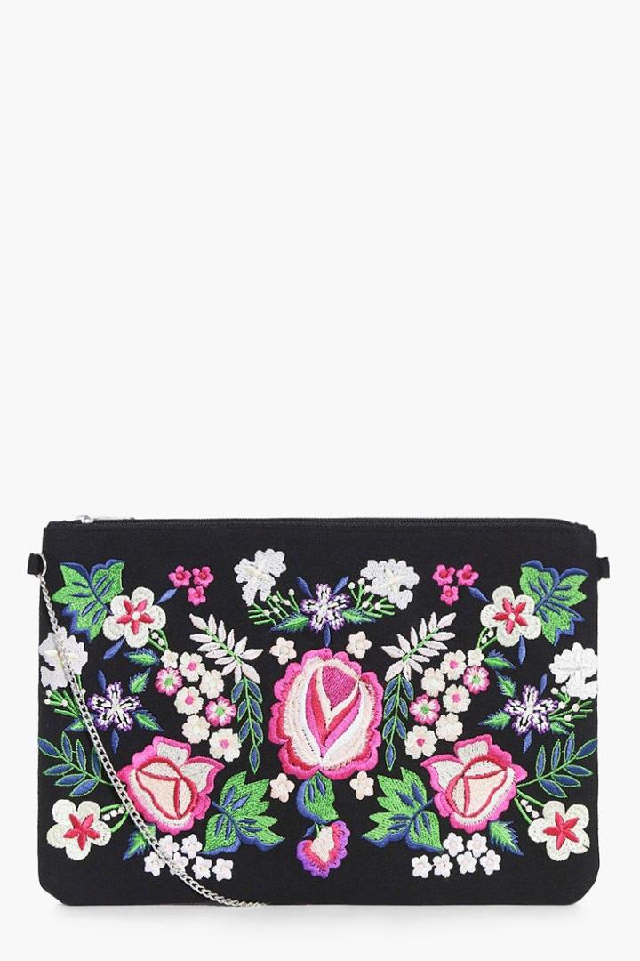 Boohoo Ava Embroidered Clutch Bag Black