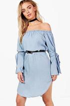 Boohoo Loren Off Shoulder Tie Sleeve Denim Dress