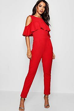 Boohoo Viki Ruffle Cold Shoulder Skinny Leg Jumpsuit