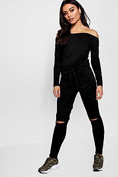 Boohoo Bardot Drawstring Slit Knee Jumpsuit