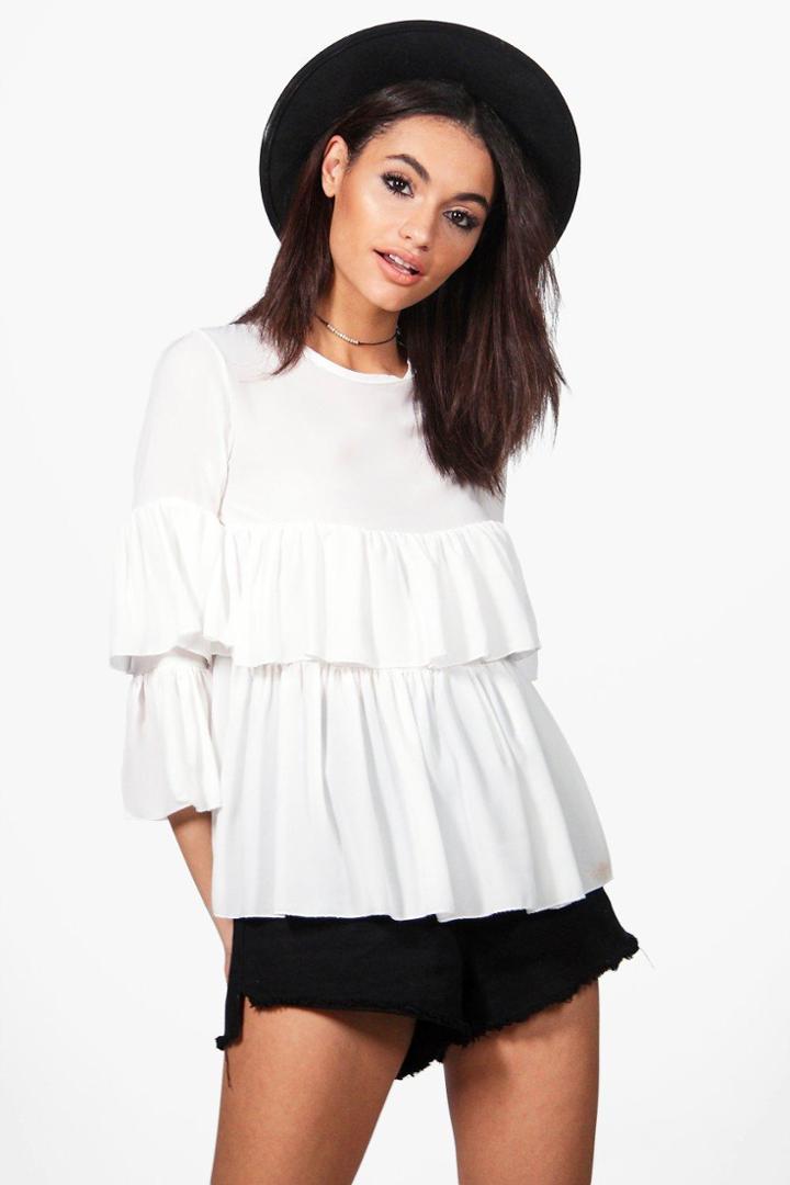 Boohoo Ella Ruffle Tiered Blouse White