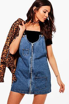 Boohoo Petite Kitty Zip Front Denim Pinafore Dress