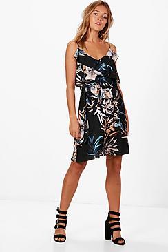 Boohoo Paige Tropical Floral Frill Swing Dress