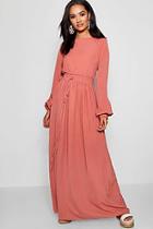 Boohoo Petite Shirred Waist And Cuff Maxi Dress