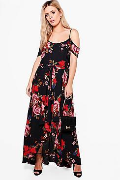 Boohoo Plus Lana Floral Open Shoulder Maxi Dress