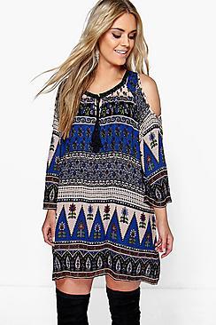 Boohoo Plus Molly Paisley Open Shoulder Shift Dress