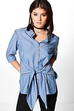 Boohoo Corrine Tie Waist Chambray Denim Shirt