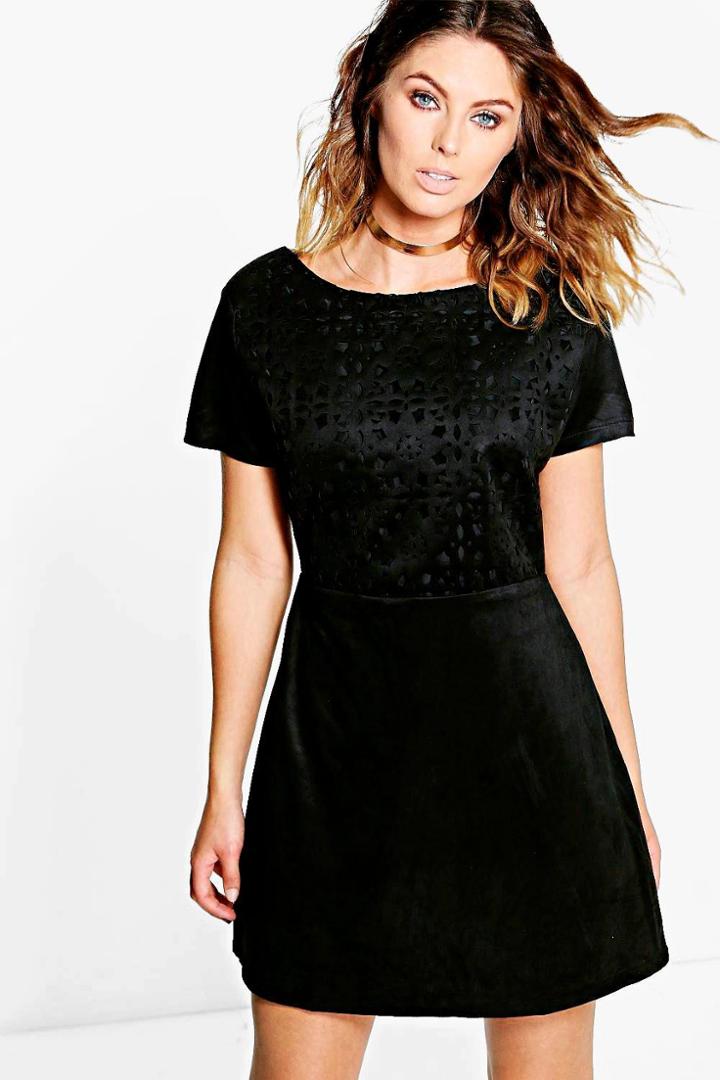 Boohoo Mia Suedette Cutwork Strap Back Shift Dress Black