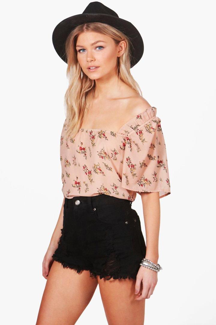 Boohoo Petite Megan Off The Shoulder Cross Strap Top Nude