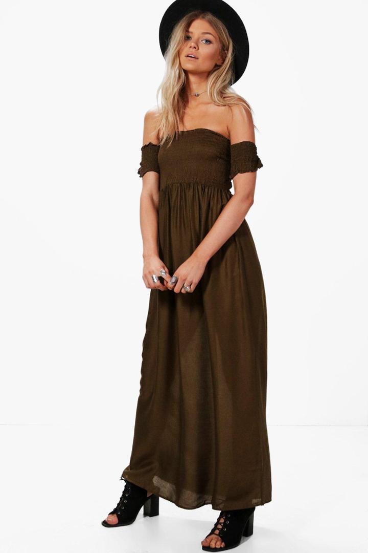Boohoo Petite Bryony Off The Shoulder Shirred Dress Khaki