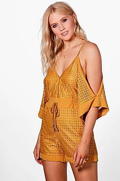 Boohoo Jen Crochet Cold Shoulder Kimono Style Playsuit