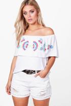Boohoo Plus Evie Printed Embroidery Off The Shoulder Top White