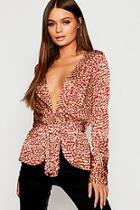 Boohoo Leopard Satin Drape Tie Front Top