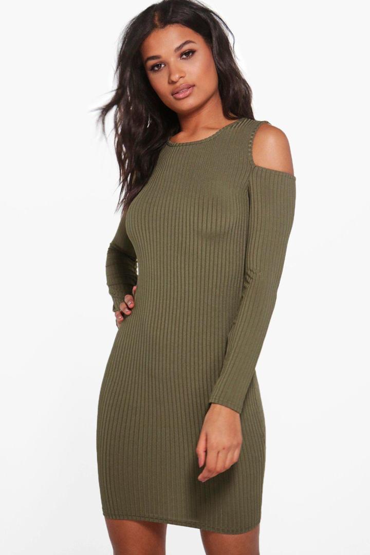 Boohoo Ali Square Cold Shoulder Ribbed Bodycon Dress Khaki