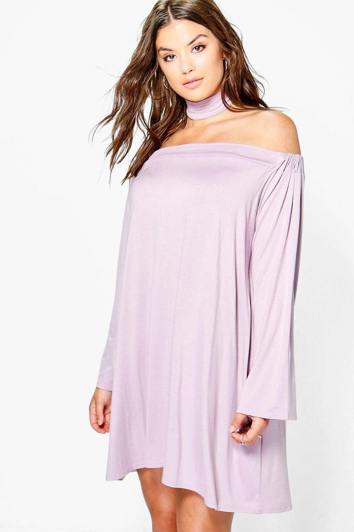 Boohoo Plus Anna Off Shoulder Choker Swing Dress Mauve