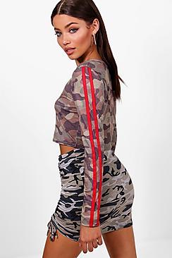 Boohoo Sophia Camo Sports Stripe Long Sleeve Crop
